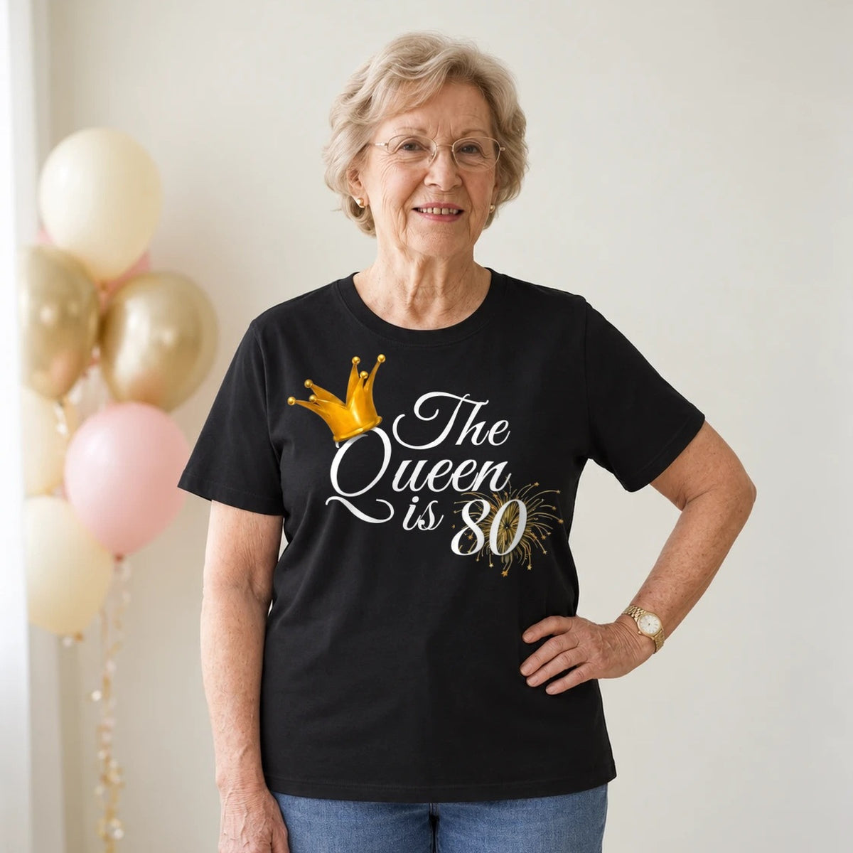 The Queen Is 80 - 80th Birthday Queen T-Shirt for Women - Black Round Neck
