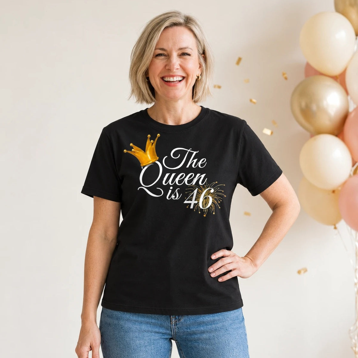 The Queen Is 46 - 46th Birthday Queen T-Shirt for Women - Black Round Neck