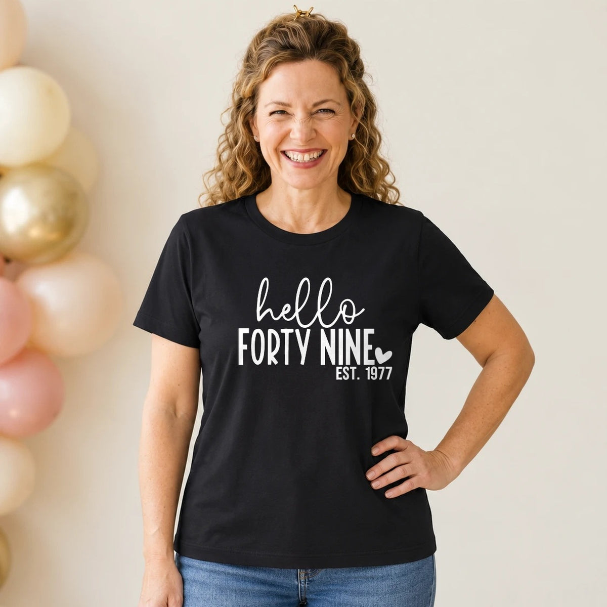 Hello Forty-Nine 49th Birthday T-Shirt for Women - Est. 1977 - Black Round Neck