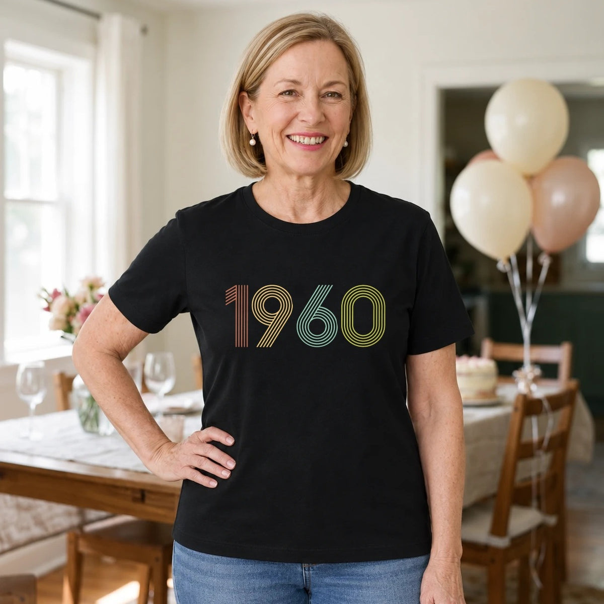1960 Birth Year Shirt - Retro 66th Birthday T-Shirt for Women - Black Round Neck