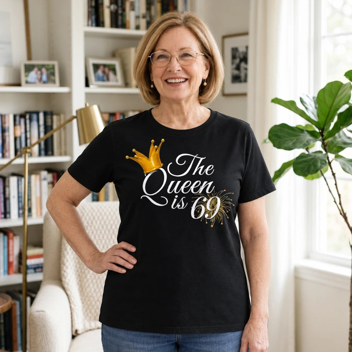 The Queen Is 69 - 69th Birthday Queen T-Shirt for Women - Black Round Neck