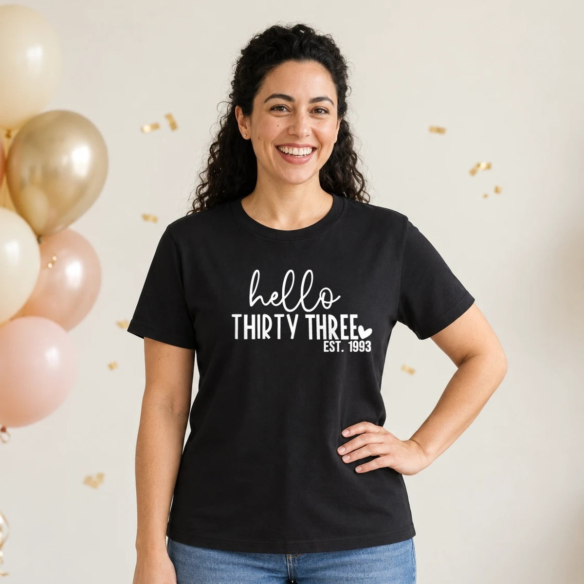 Hello Thirty-Three 33rd Birthday T-Shirt for Women - Est. 1993 - Black Round Neck
