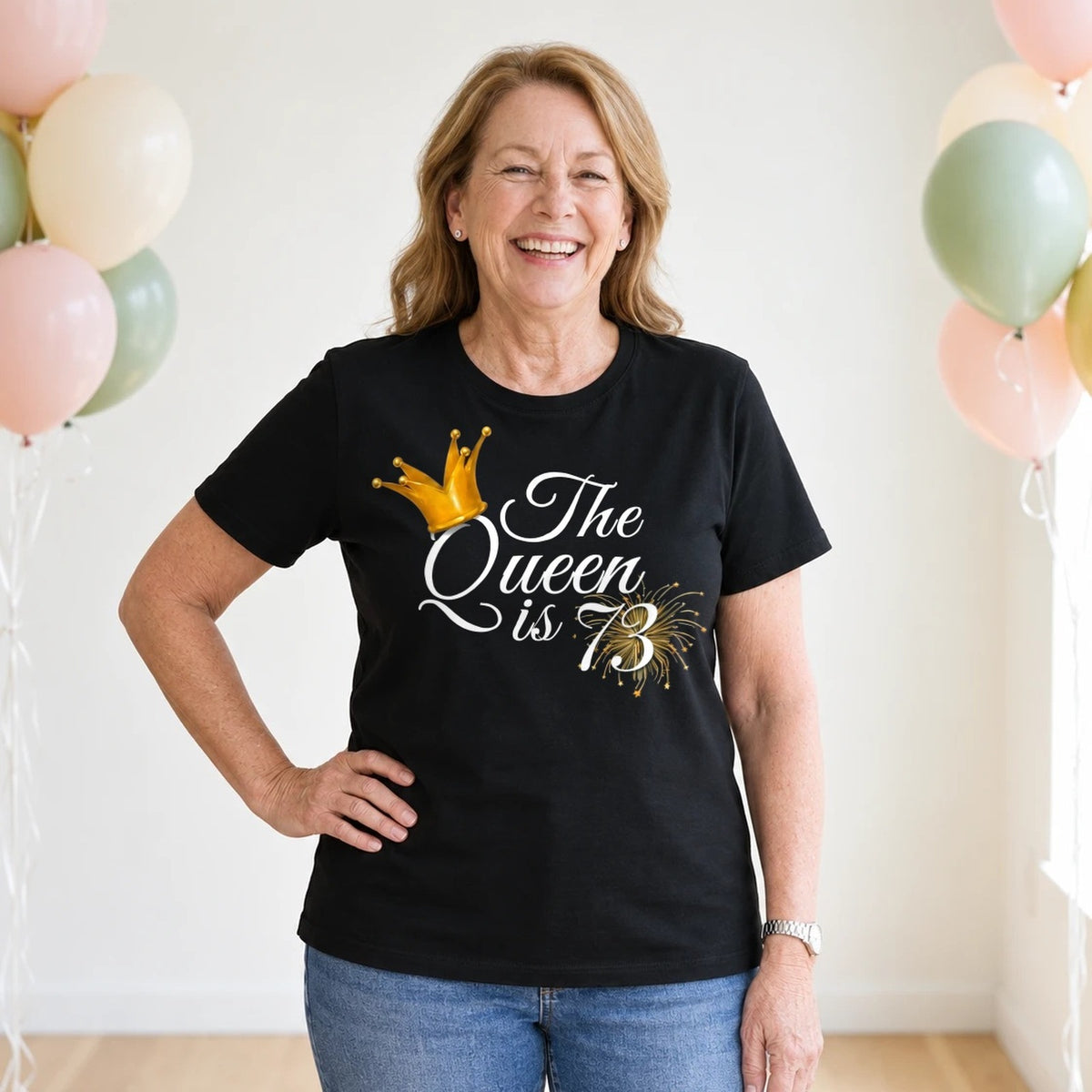 The Queen Is 73 - 73rd Birthday Queen T-Shirt for Women - Black Round Neck