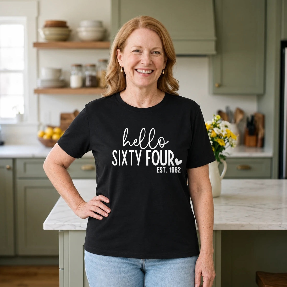 Hello Sixty-Four 64th Birthday T-Shirt for Women - Est. 1962 - Black Round Neck