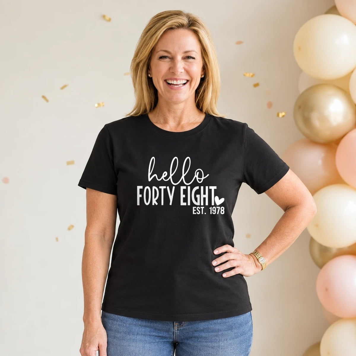 Hello Forty-Eight 48th Birthday T-Shirt for Women - Est. 1978 - Black Round Neck