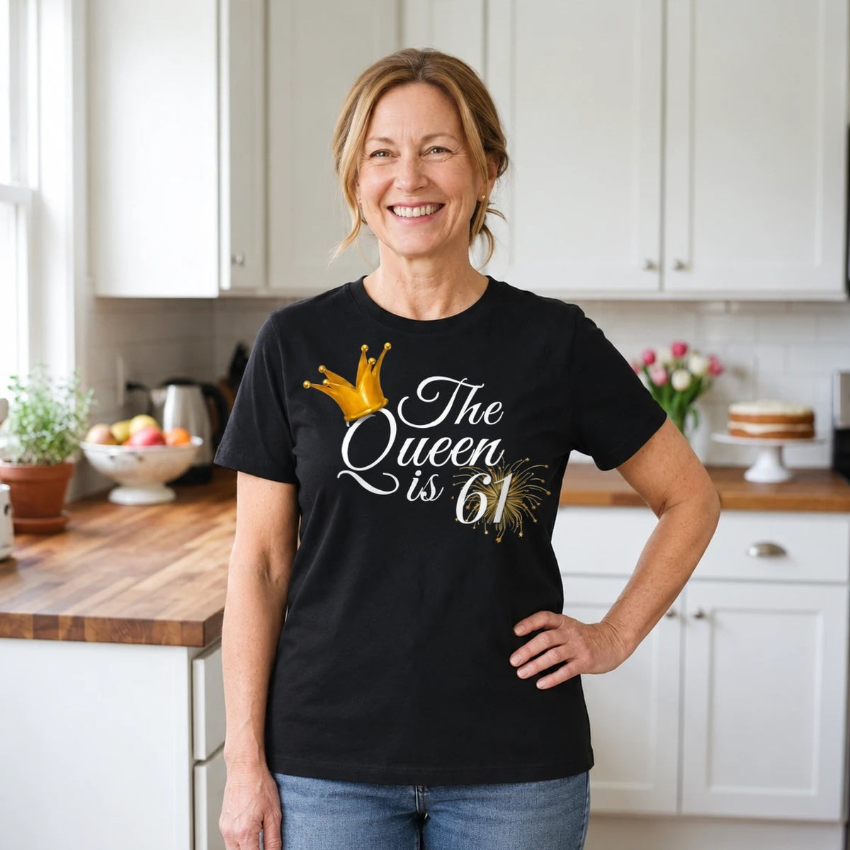 The Queen Is 61 - 61st Birthday Queen T-Shirt for Women - Black Round Neck