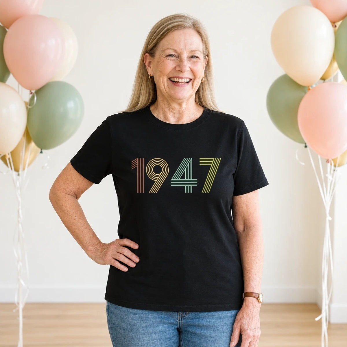 1947 Birth Year Shirt - Retro 79th Birthday T-Shirt for Women - Black Round Neck