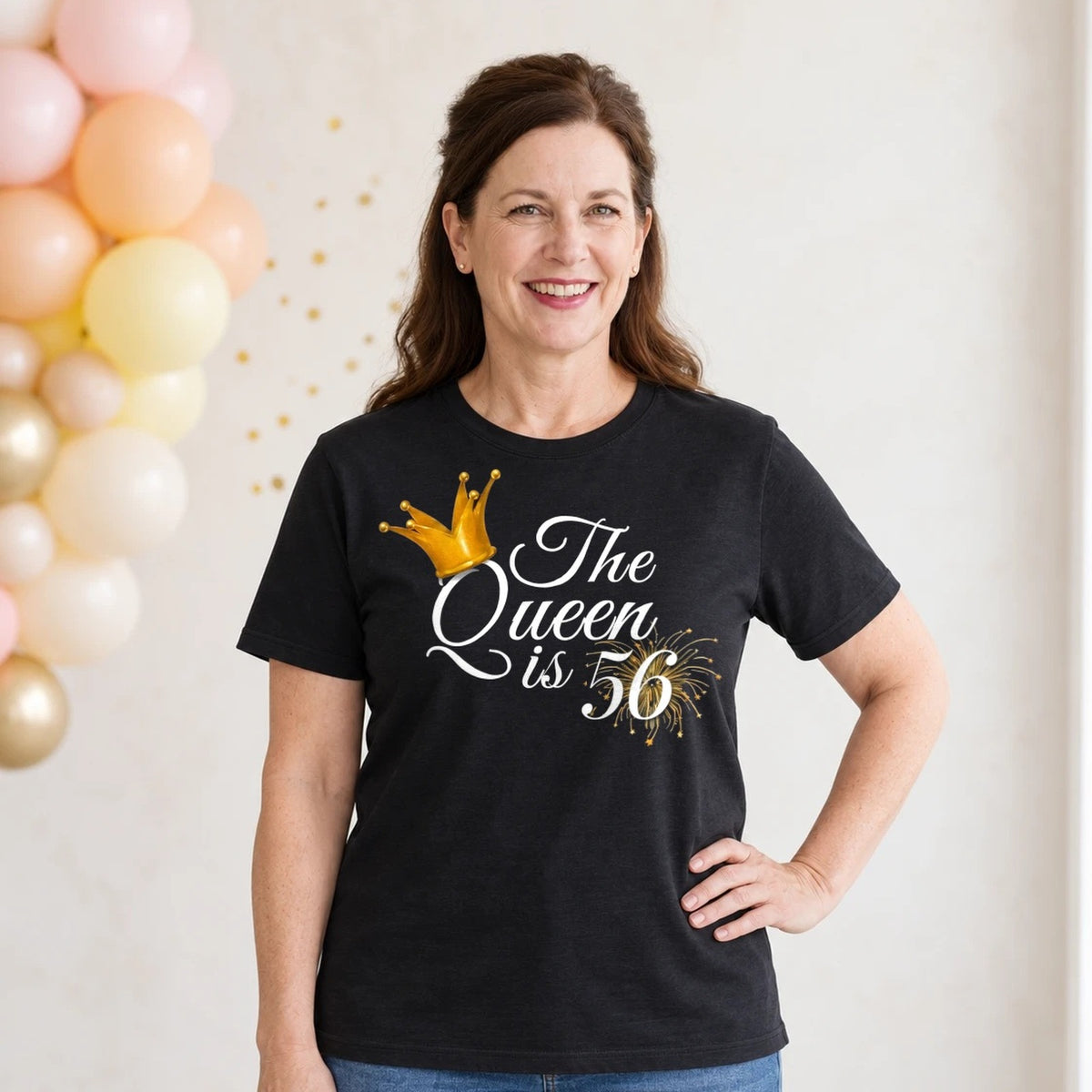The Queen Is 56 - 56th Birthday Queen T-Shirt for Women - Black Round Neck