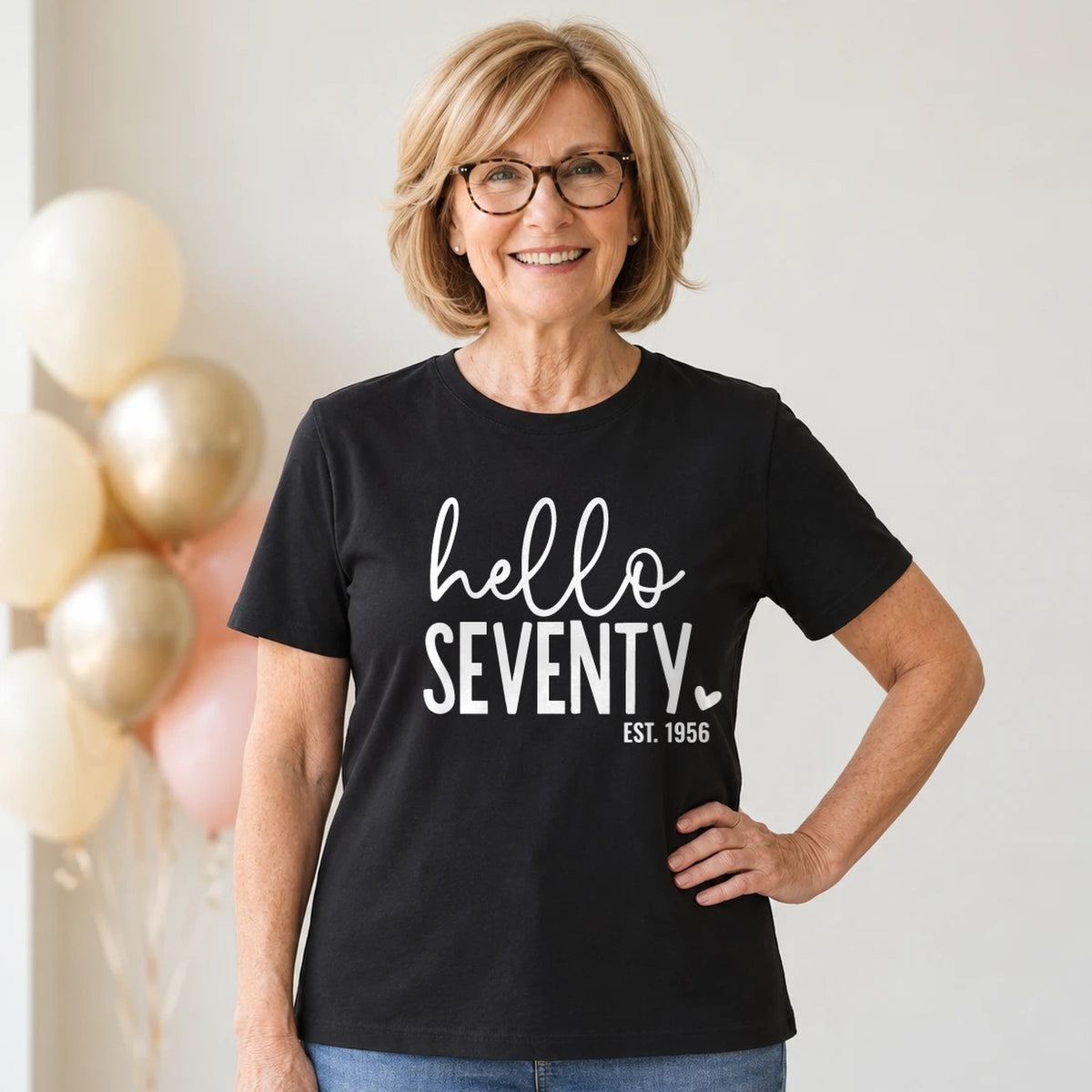 Hello Seventy 70th Birthday T-Shirt for Women - Est. 1956 - Black Round Neck
