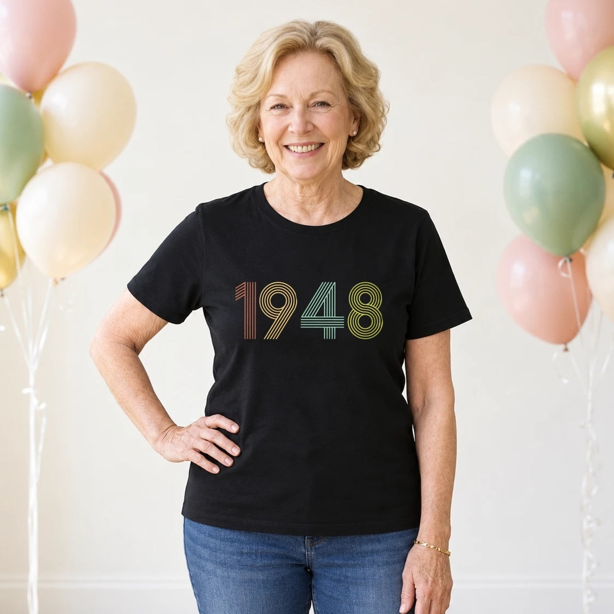 1948 Birth Year Shirt - Retro 78th Birthday T-Shirt for Women - Black Round Neck