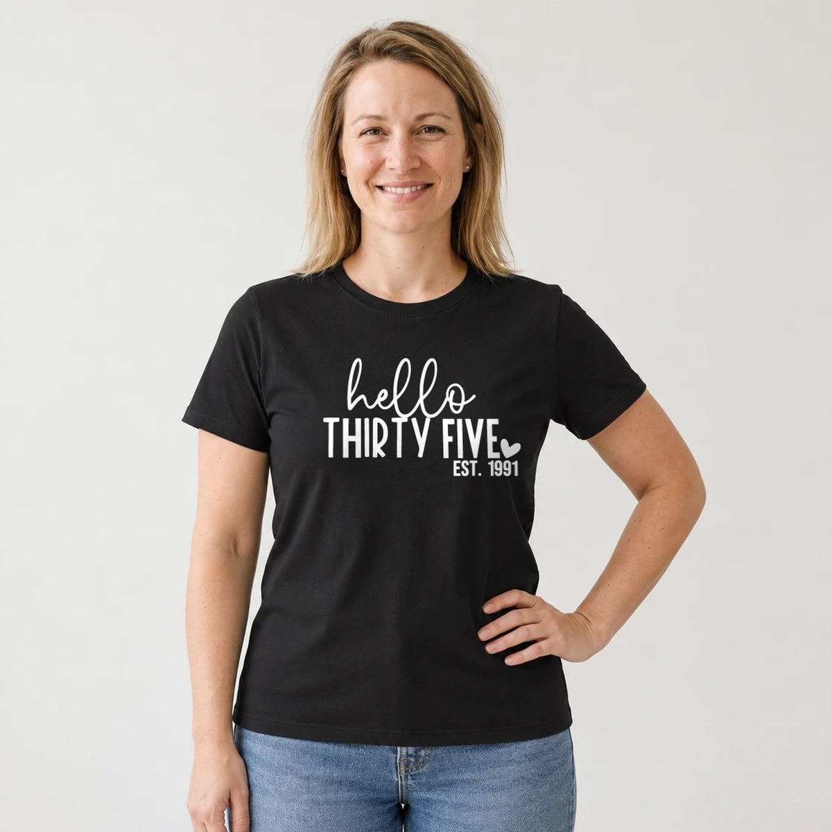 Hello Thirty-Five 35th Birthday T-Shirt for Women - Est. 1991 - Black Round Neck
