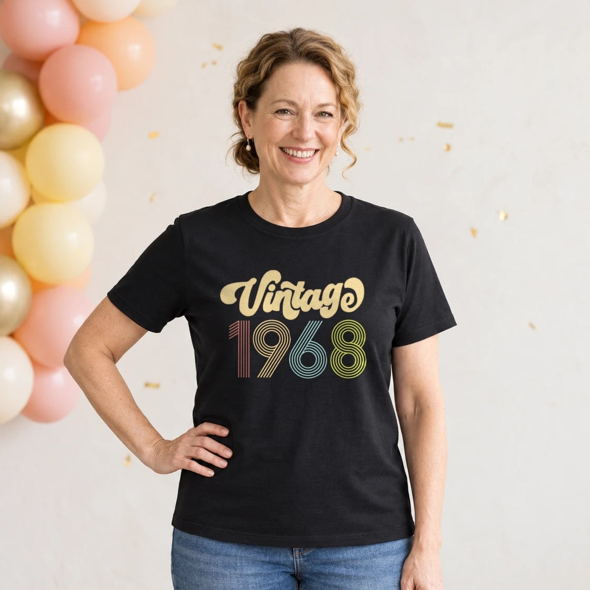 Vintage 1968 - Retro 58th Birthday T-Shirt for Women - Black Round Neck