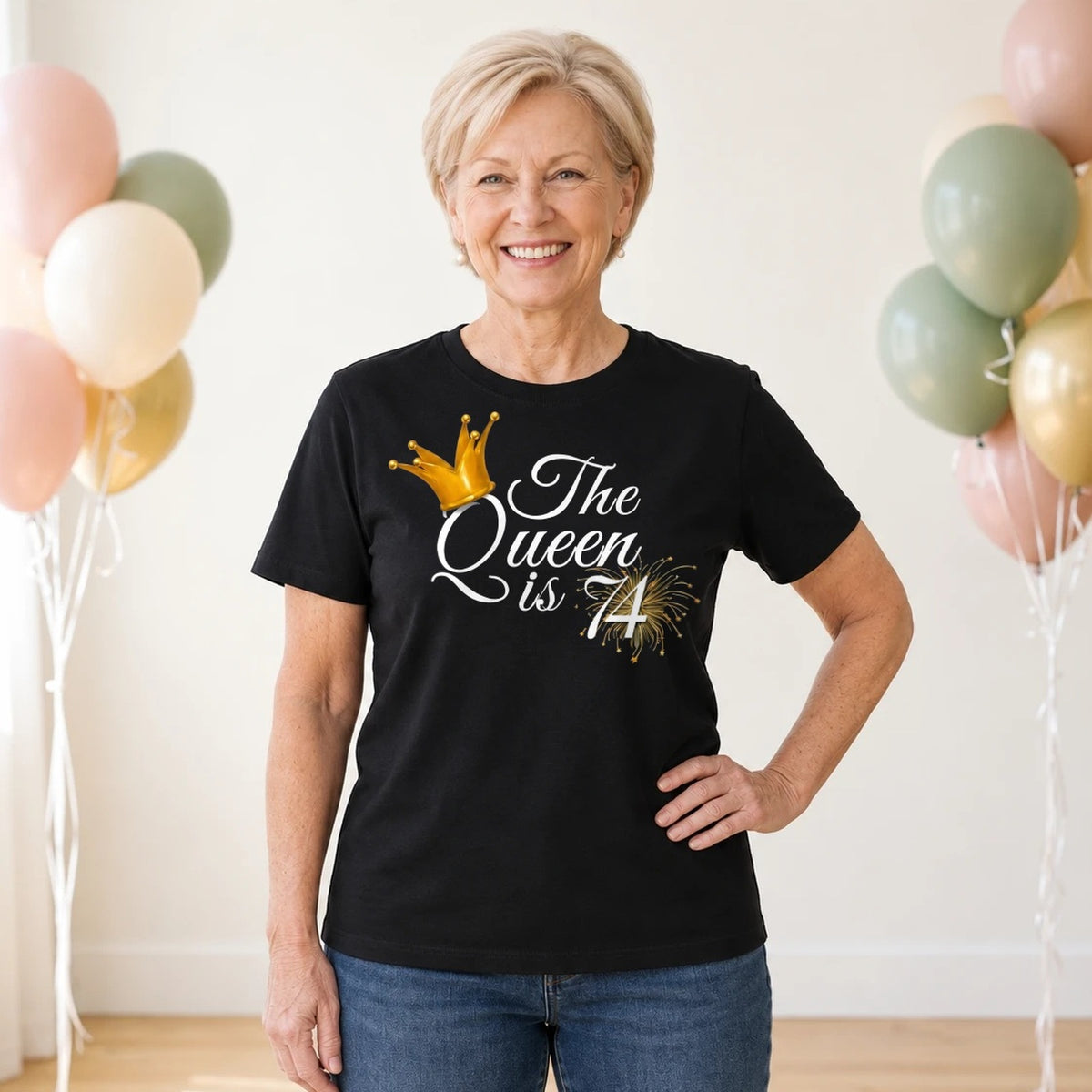 The Queen Is 74 - 74th Birthday Queen T-Shirt for Women - Black Round Neck