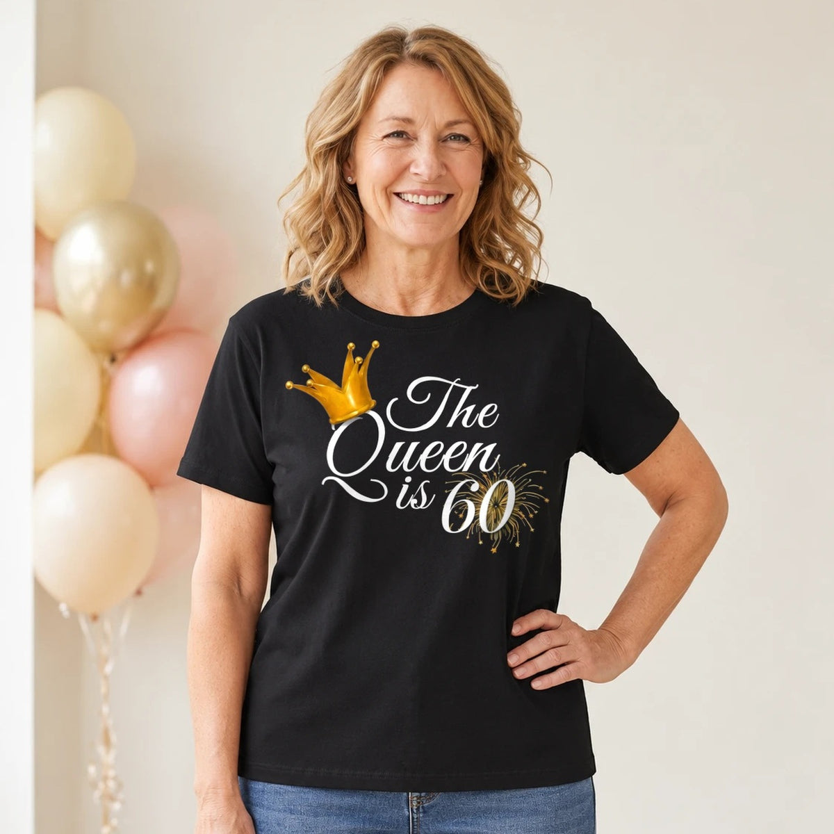 The Queen Is 60 - 60th Birthday Queen T-Shirt for Women - Black Round Neck