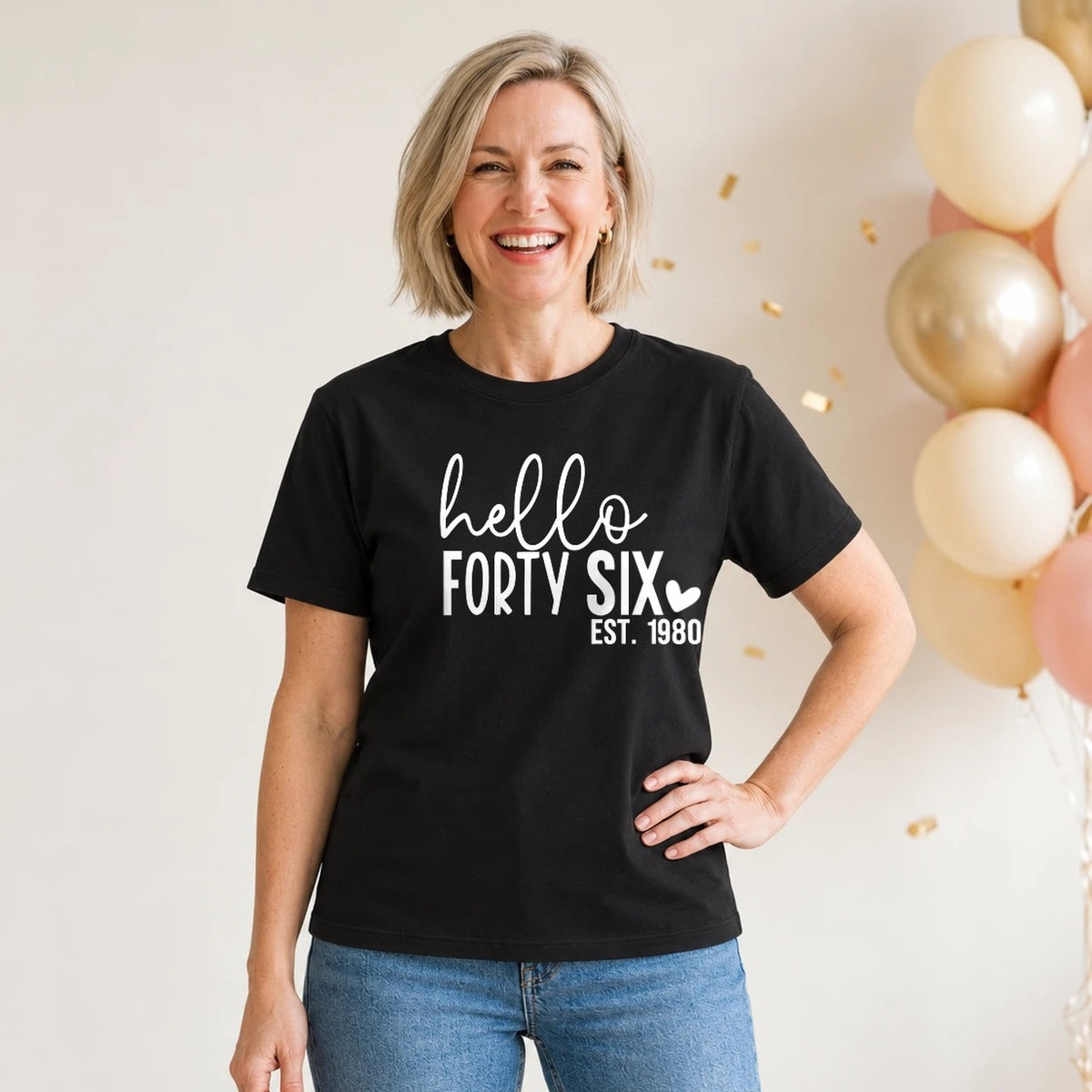 Hello Forty-Six 46th Birthday T-Shirt for Women - Est. 1980 - Black Round Neck