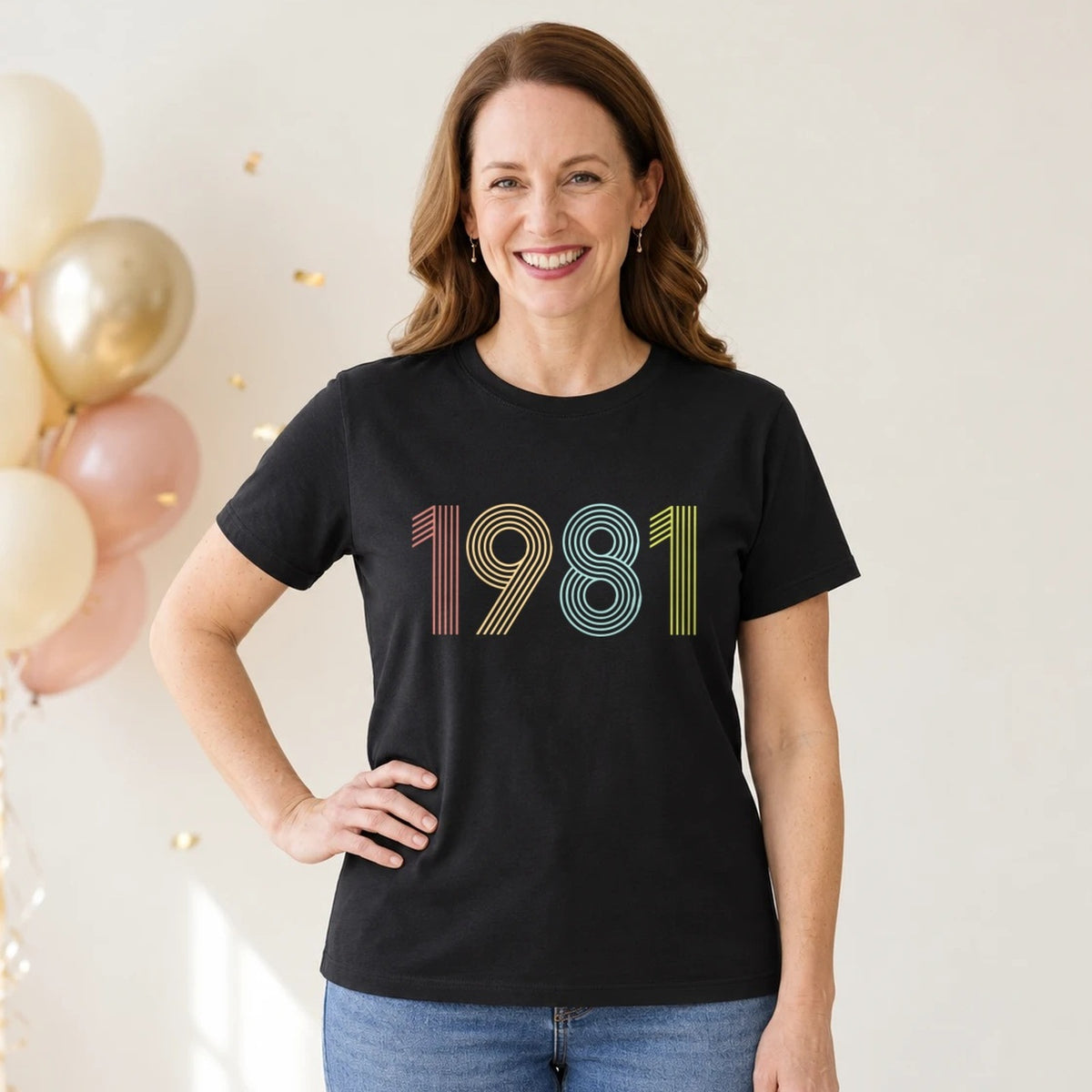 1981 Birth Year Shirt - Retro 45th Birthday T-Shirt for Women - Black Round Neck