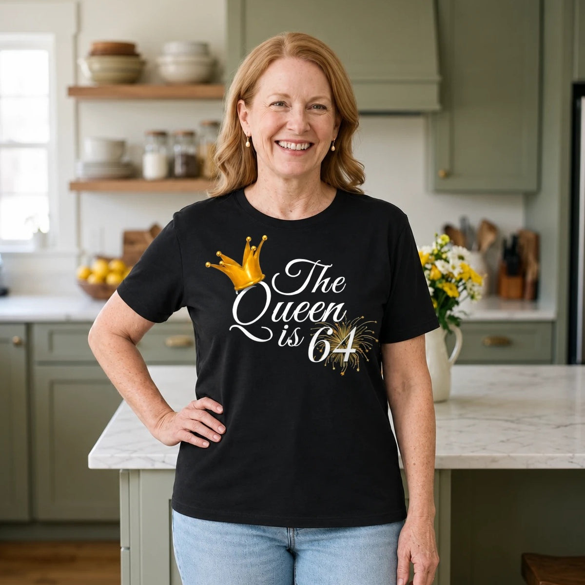 The Queen Is 64 - 64th Birthday Queen T-Shirt for Women - Black Round Neck