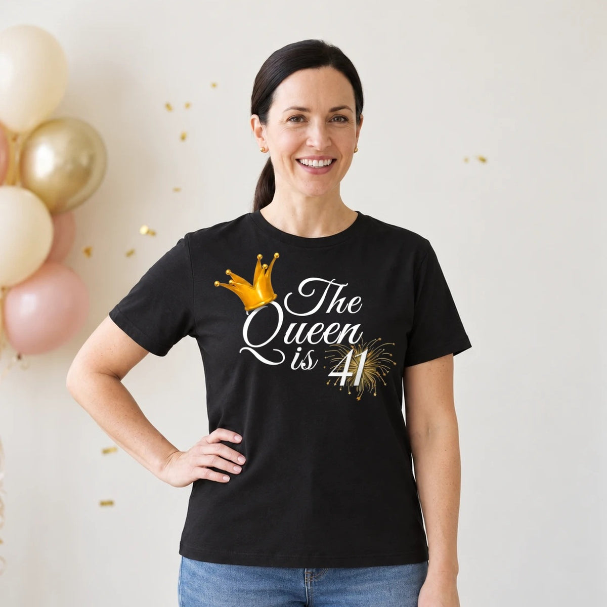 The Queen Is 41 - 41st Birthday Queen T-Shirt for Women - Black Round Neck