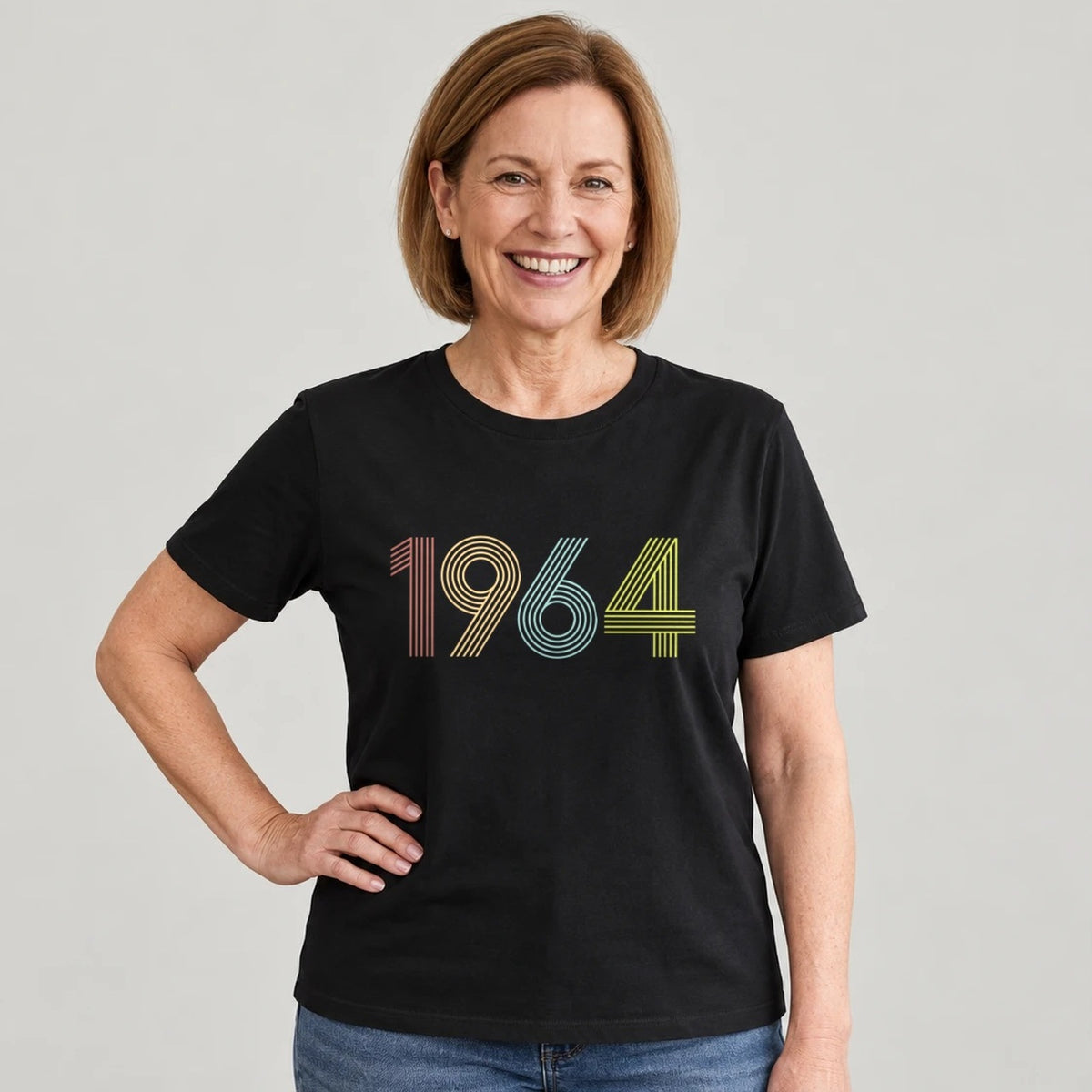 1964 Birth Year Shirt - Retro 62nd Birthday T-Shirt for Women - Black Round Neck