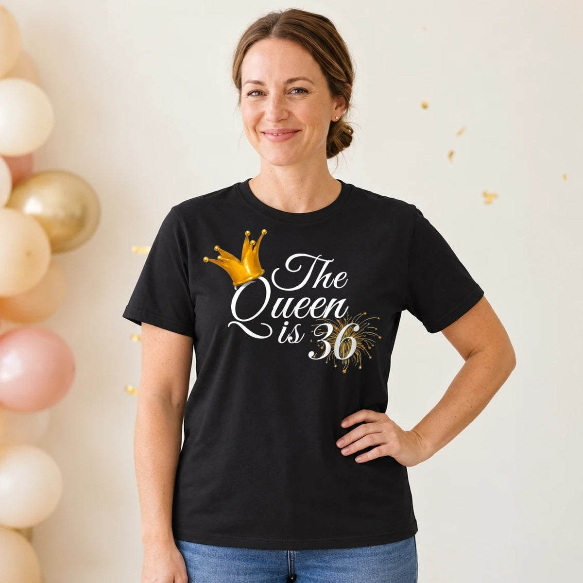 The Queen Is 36 - 36th Birthday Queen T-Shirt for Women - Black Round Neck