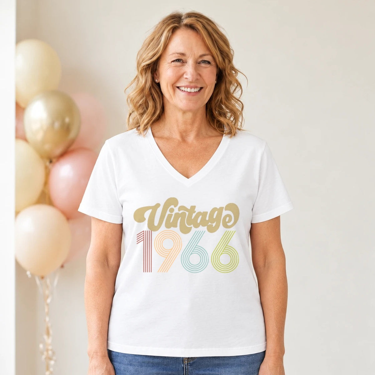 Vintage 1966 - Retro 60th Birthday T-Shirt for Women - White V-Neck
