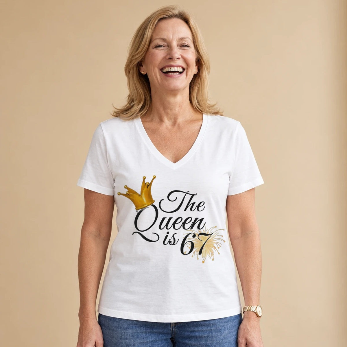 The Queen Is 67 - 67th Birthday Queen T-Shirt for Women - White V-Neck