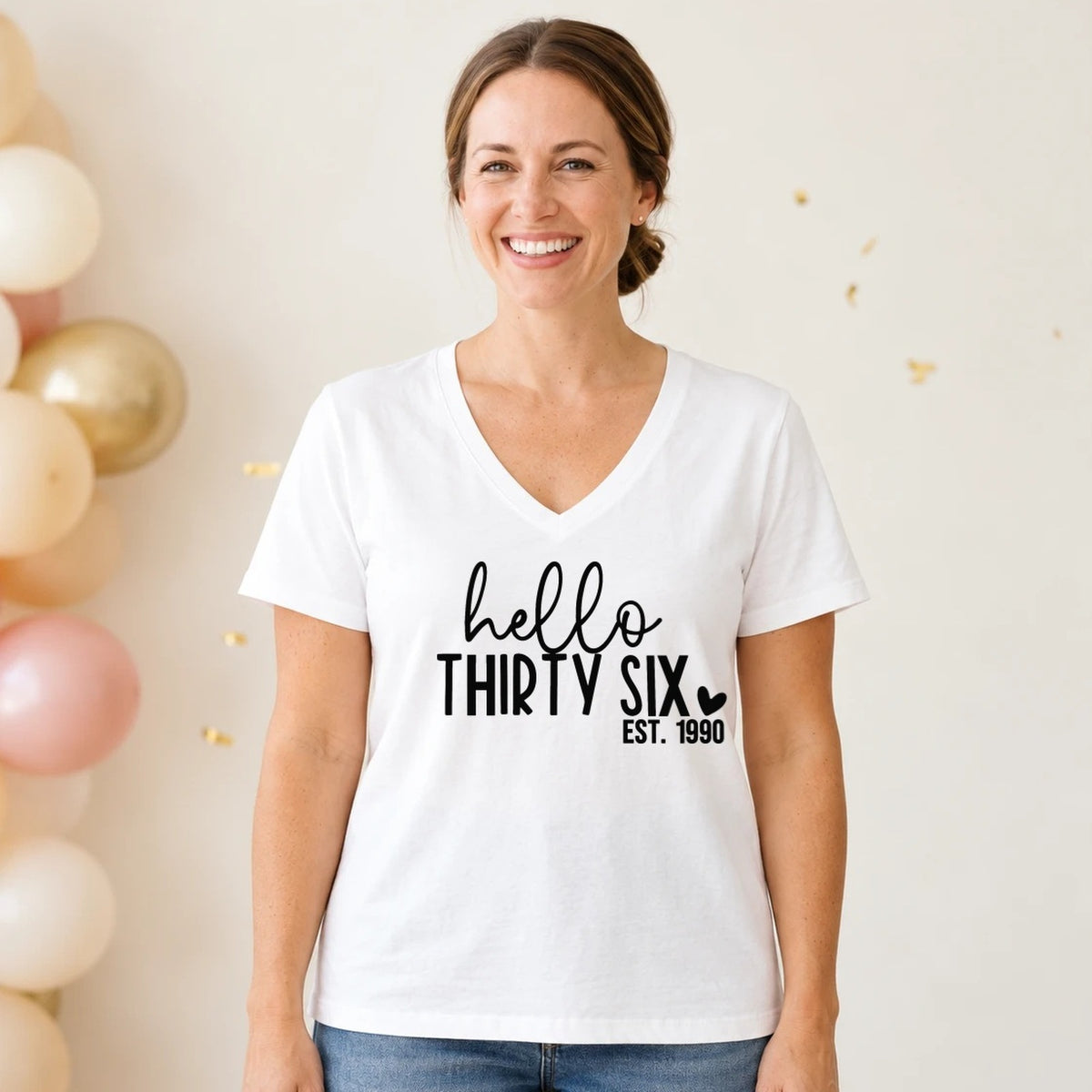 Hello Thirty-Six 36th Birthday T-Shirt for Women - Est. 1990 - White V-Neck
