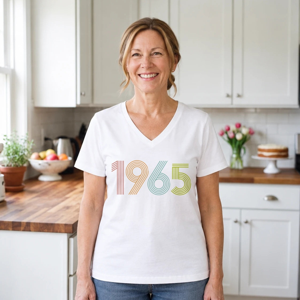 1965 Birth Year Shirt - Retro 61st Birthday T-Shirt for Women - White V-Neck