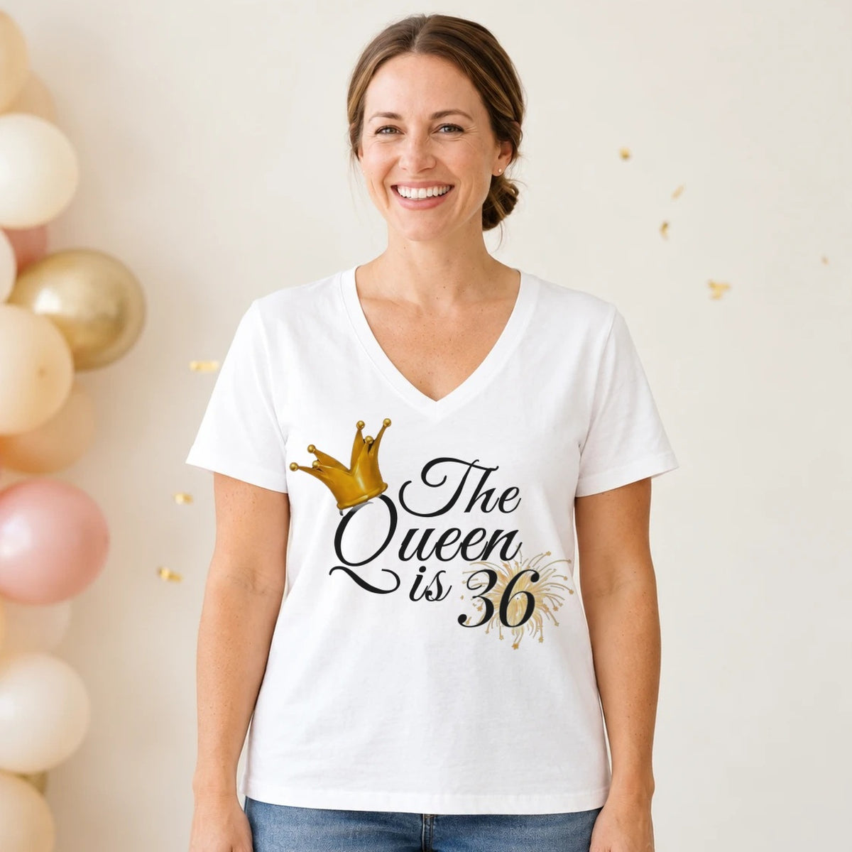 The Queen Is 36 - 36th Birthday Queen T-Shirt for Women - White V-Neck