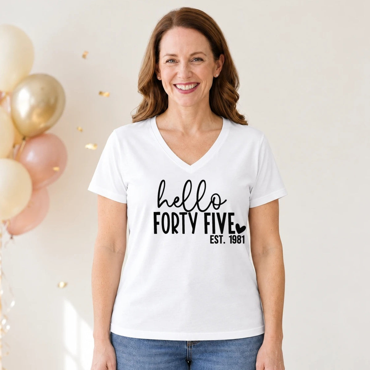 Hello Forty-Five 45th Birthday T-Shirt for Women - Est. 1981 - White V-Neck