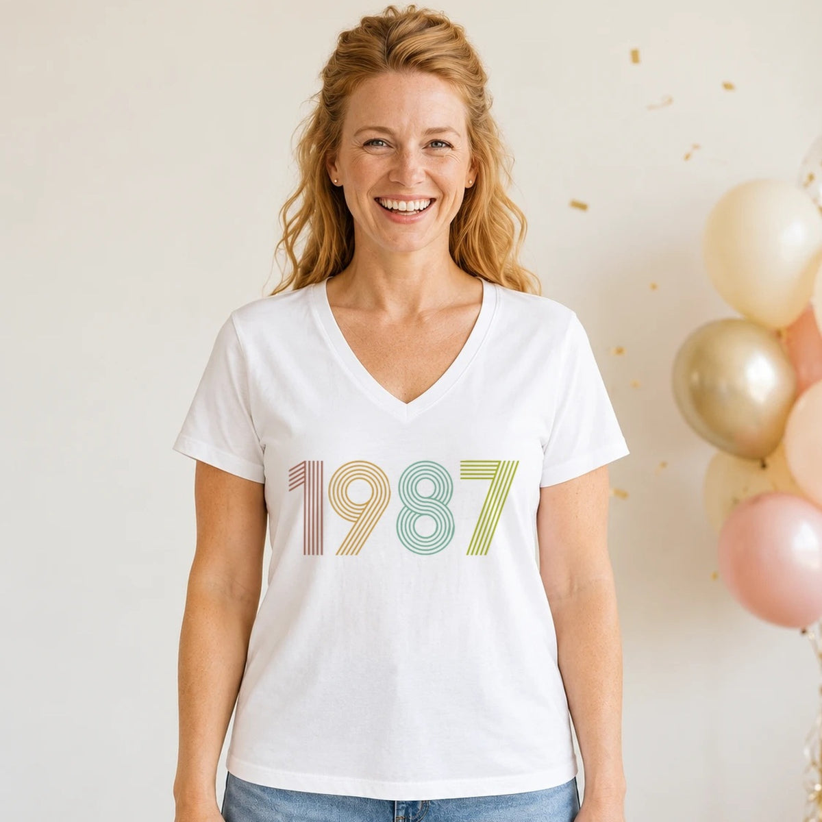 1987 Birth Year Shirt - Retro 39th Birthday T-Shirt for Women - White V-Neck