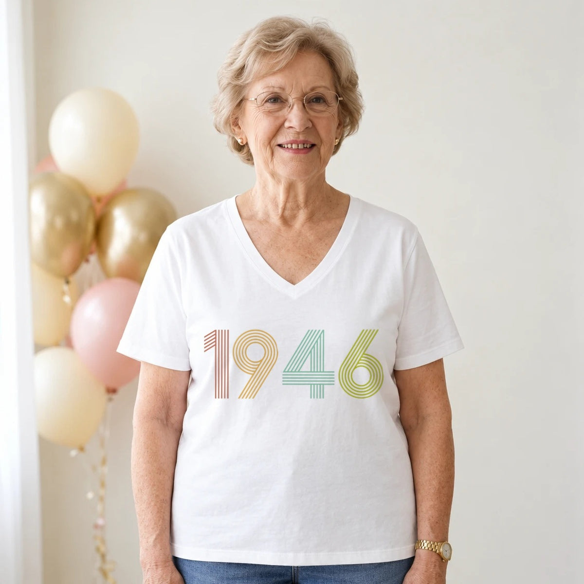 1946 Birth Year Shirt - Retro 80th Birthday T-Shirt for Women - White V-Neck