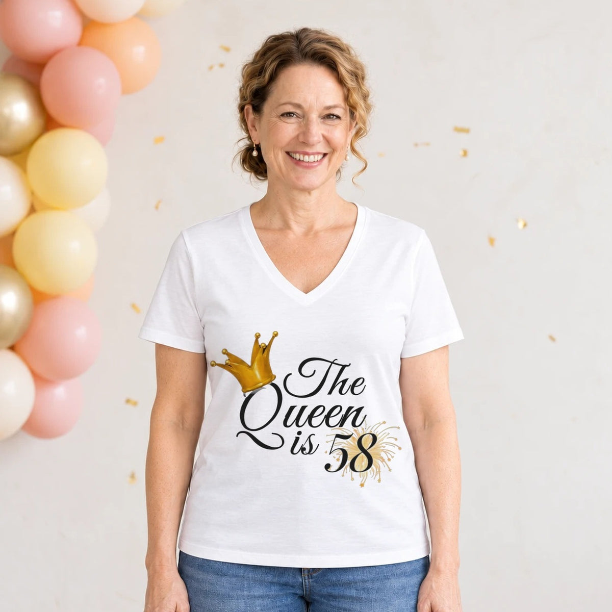 The Queen Is 58 - 58th Birthday Queen T-Shirt for Women - White V-Neck