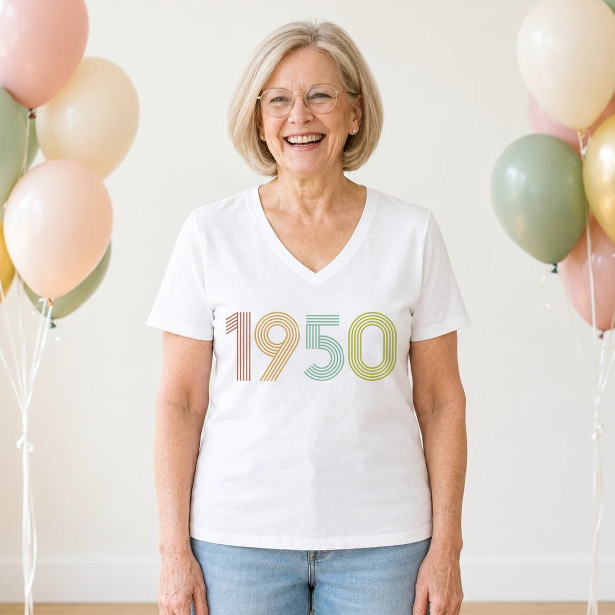 1950 Birth Year Shirt - Retro 76th Birthday T-Shirt for Women - White V-Neck