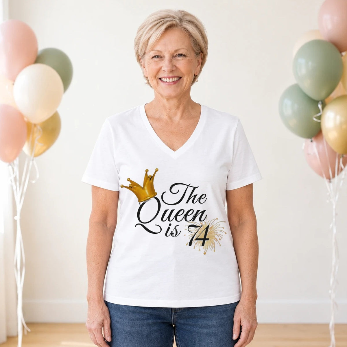 The Queen Is 74 - 74th Birthday Queen T-Shirt for Women - White V-Neck