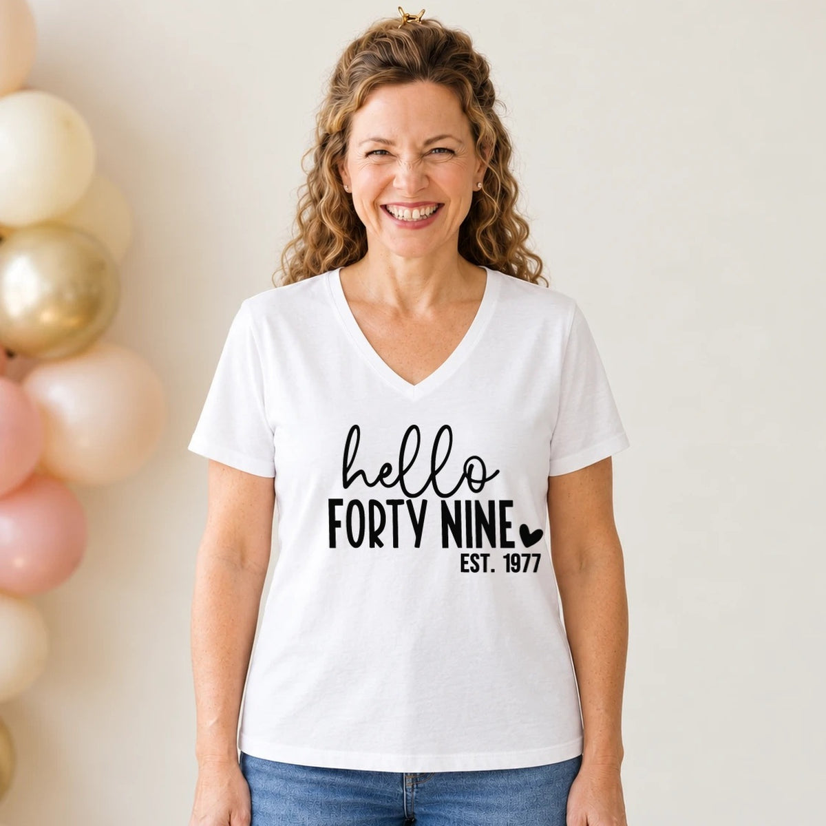 Hello Forty-Nine 49th Birthday T-Shirt for Women - Est. 1977 - White V-Neck