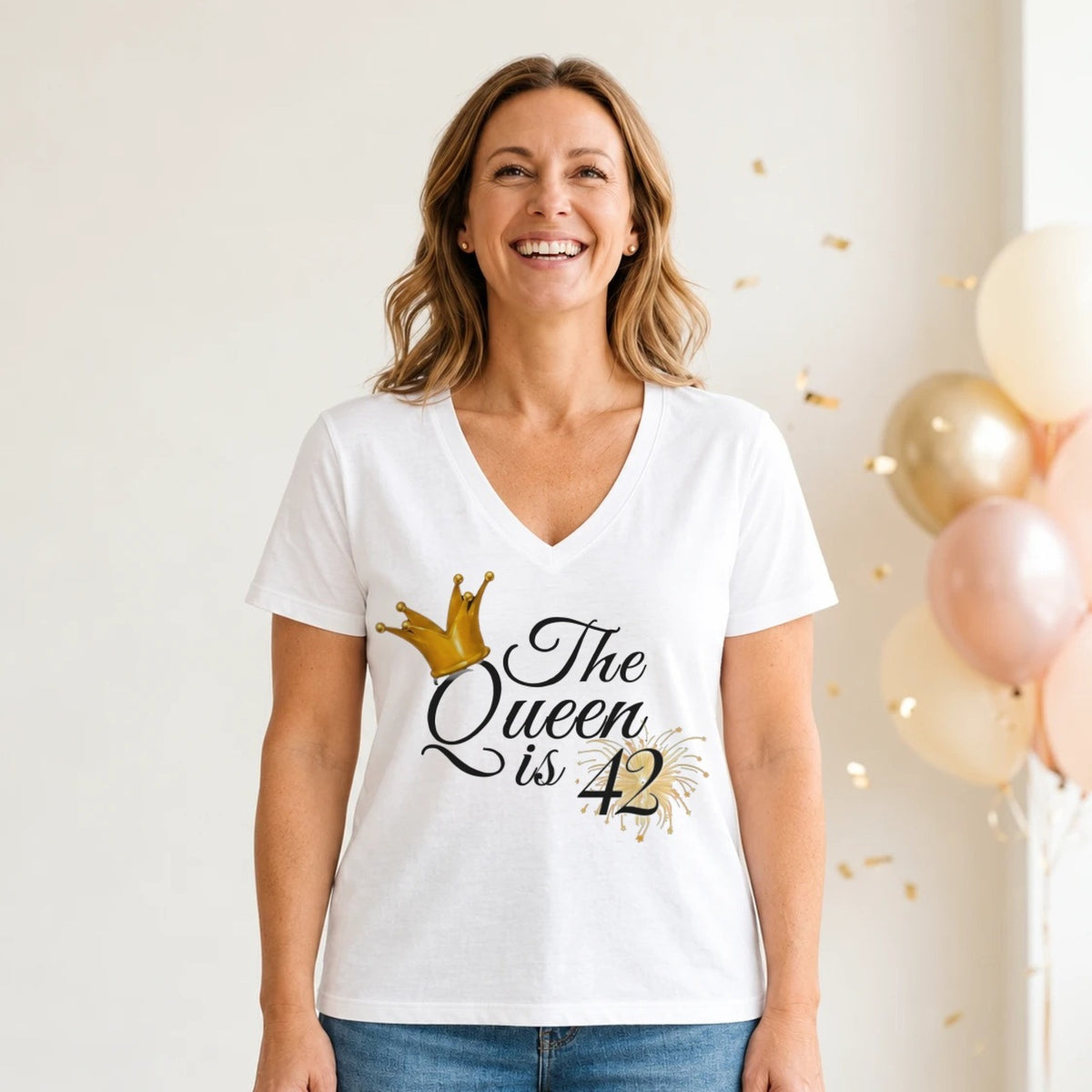 The Queen Is 42 - 42nd Birthday Queen T-Shirt for Women - White V-Neck
