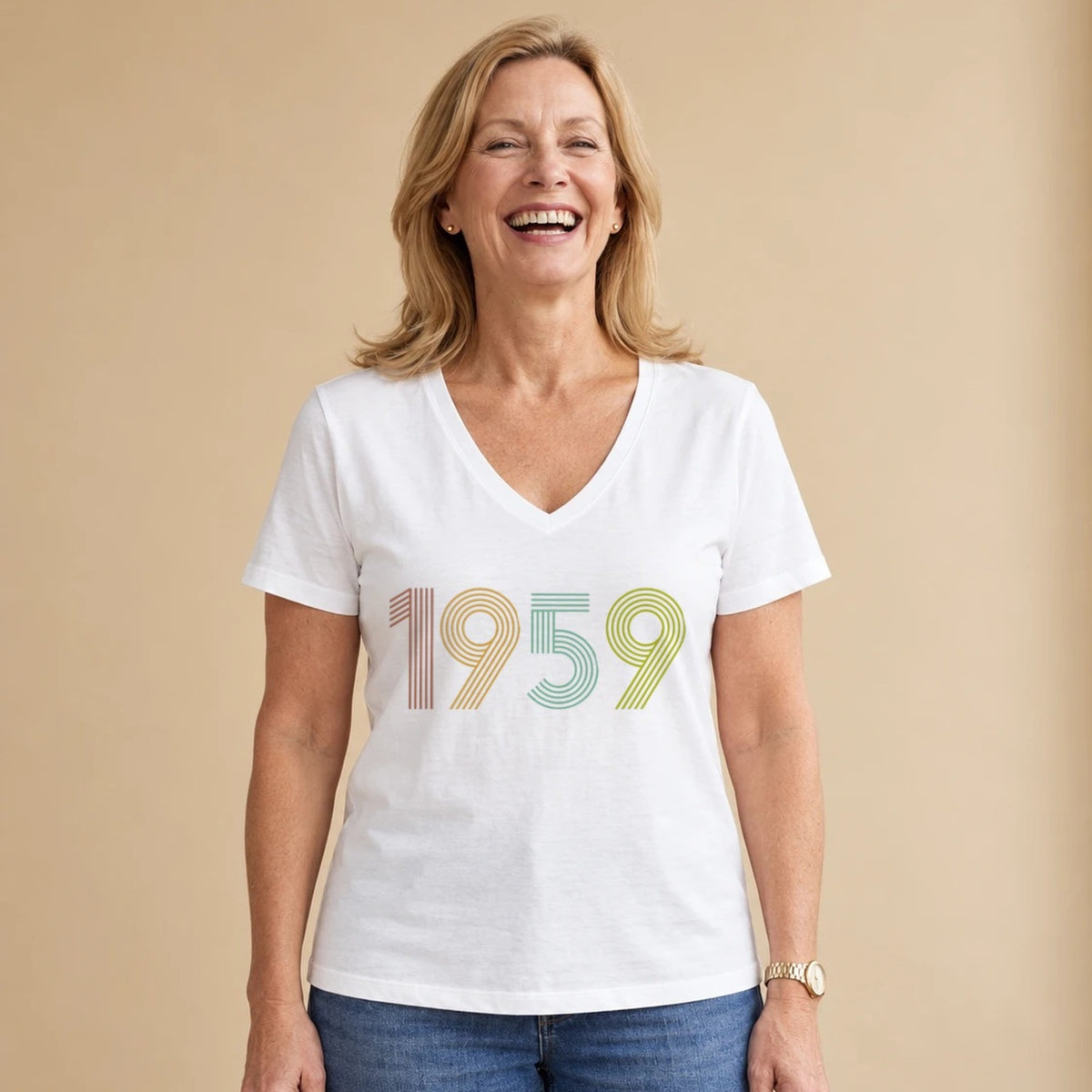1959 Birth Year Shirt - Retro 67th Birthday T-Shirt for Women - White V-Neck