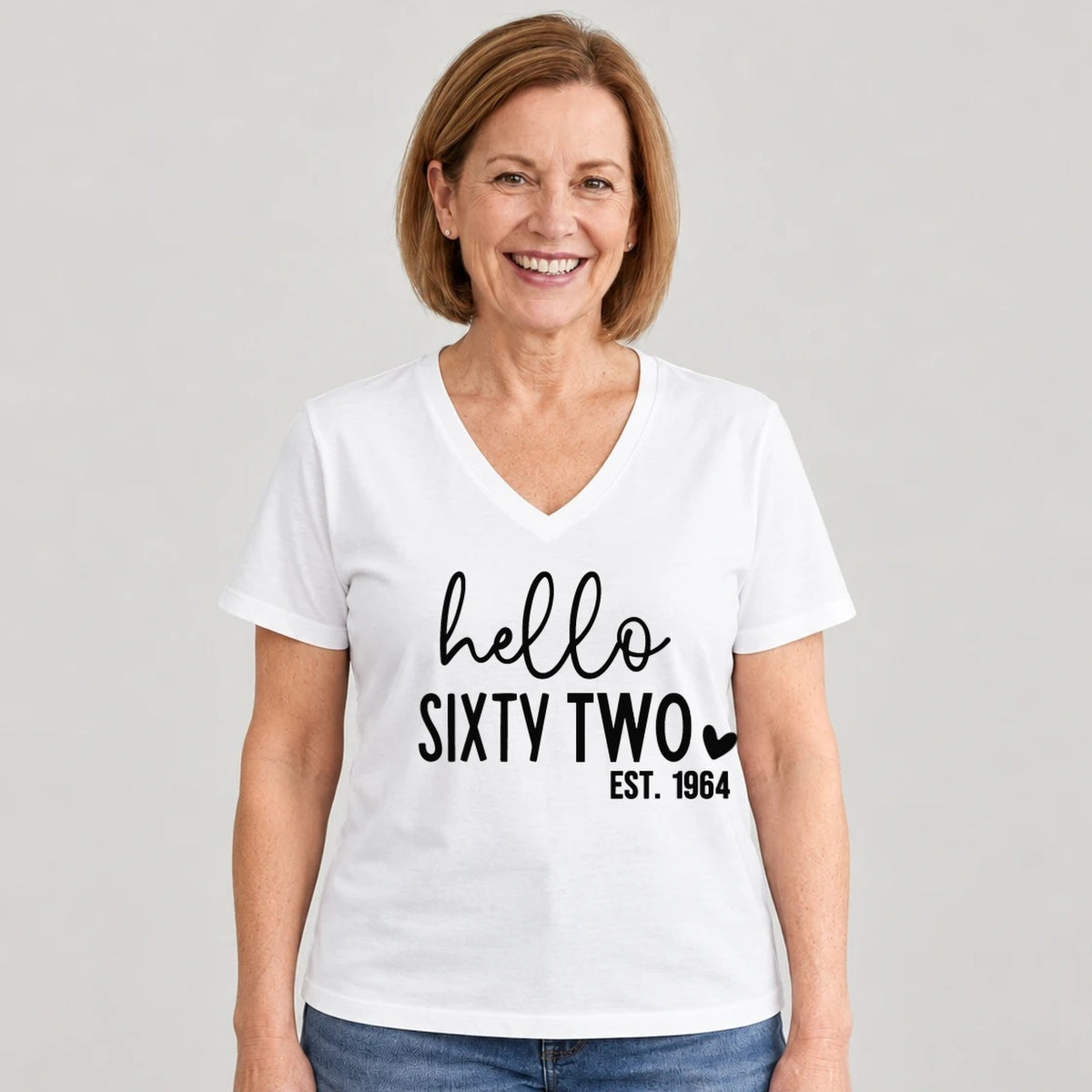 Hello Sixty-Two 62nd Birthday T-Shirt for Women - Est. 1964 - White V-Neck