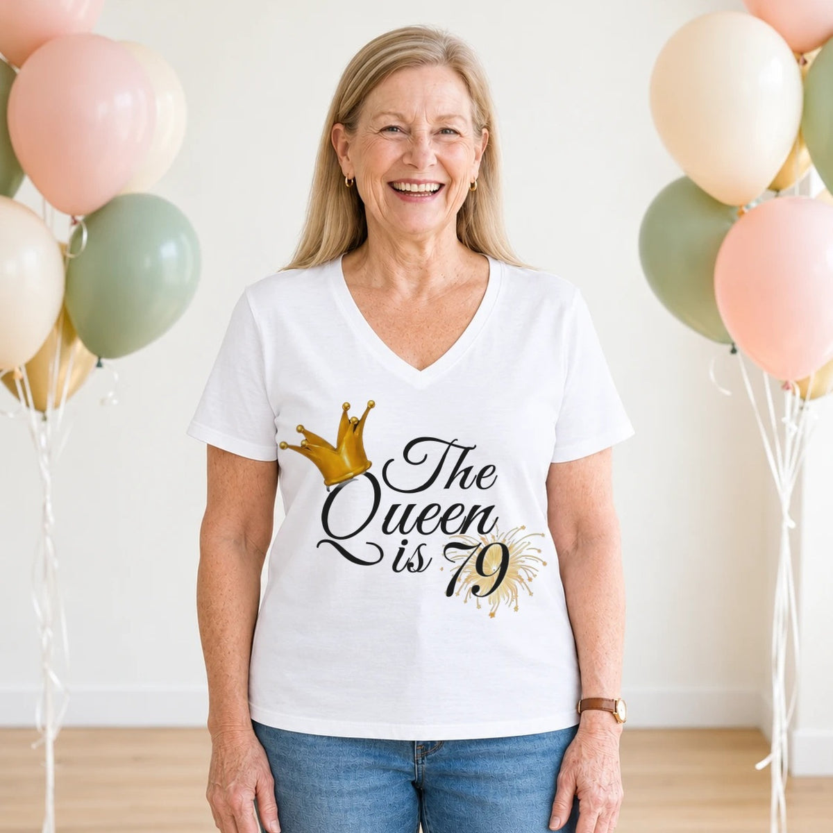 The Queen Is 79 - 79th Birthday Queen T-Shirt for Women - White V-Neck