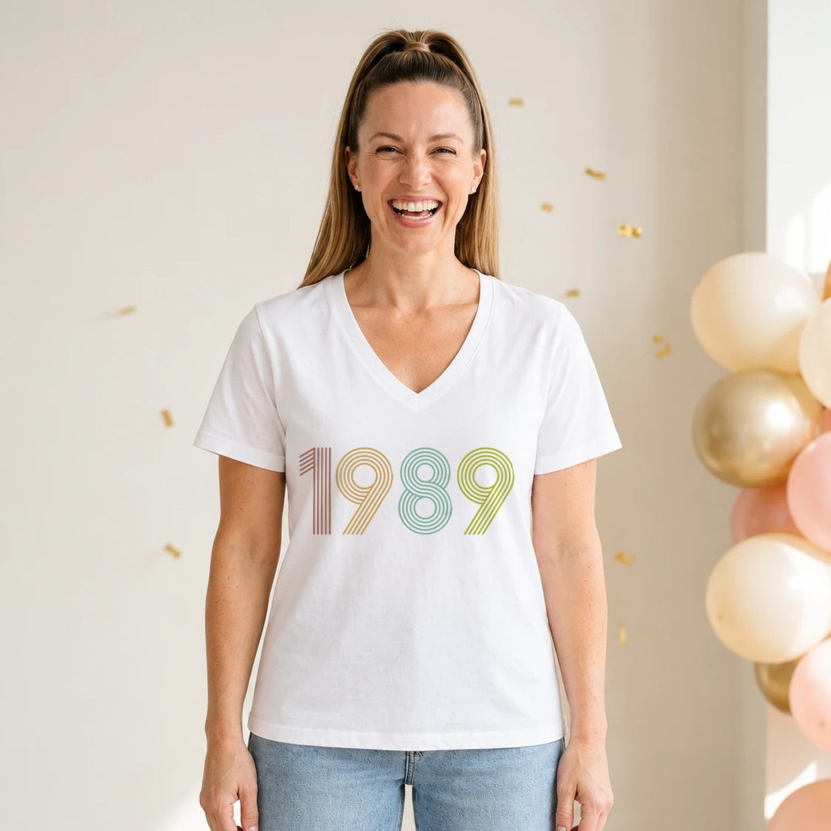 1989 Birth Year Shirt - Retro 37th Birthday T-Shirt for Women - White V-Neck