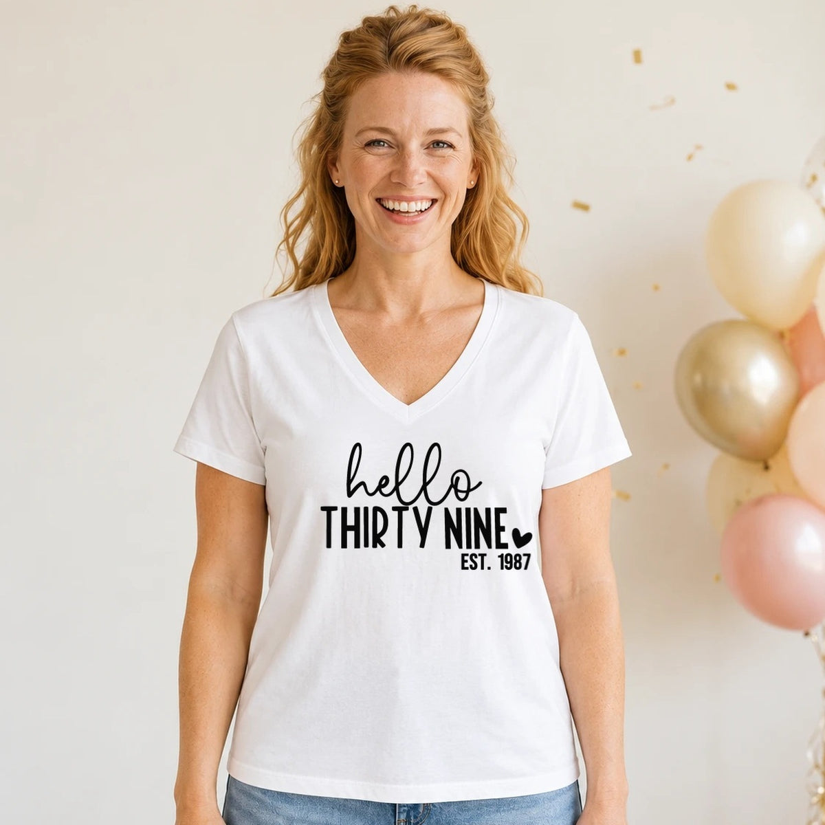 Hello Thirty-Nine 39th Birthday T-Shirt for Women - Est. 1987 - White V-Neck