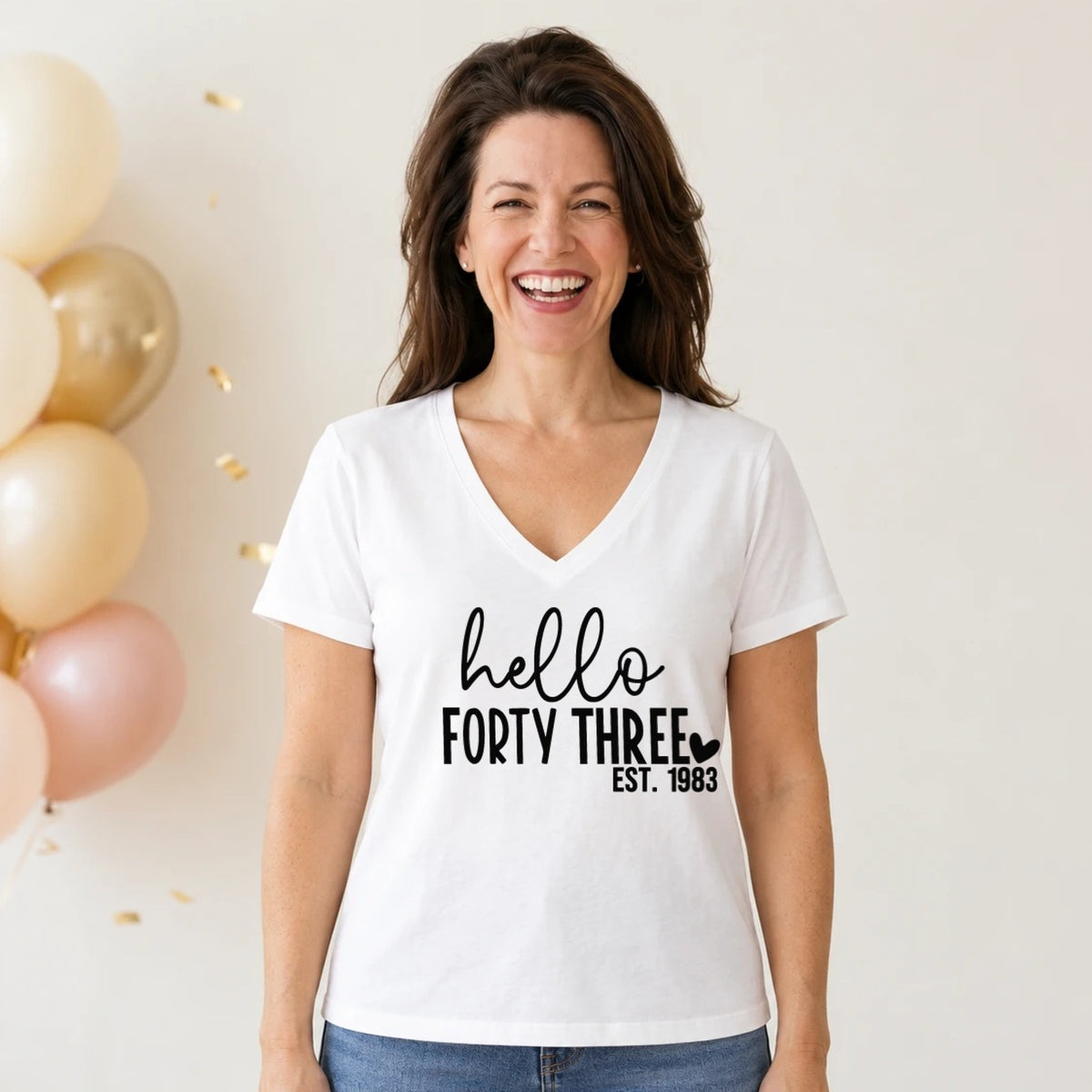 Hello Forty-Three 43rd Birthday T-Shirt for Women - Est. 1983 - White V-Neck