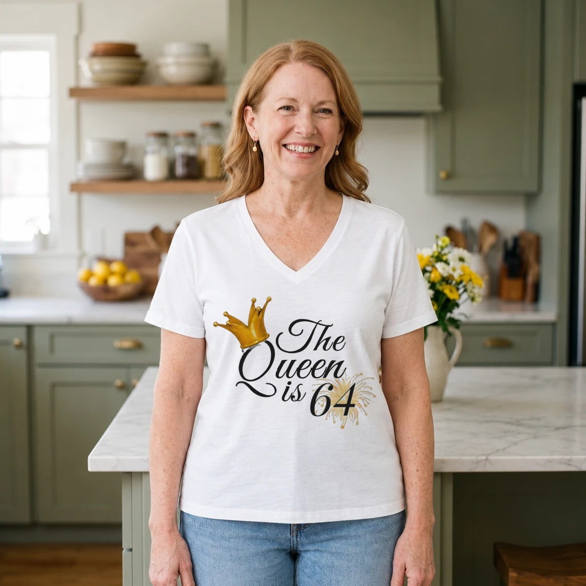 The Queen Is 64 - 64th Birthday Queen T-Shirt for Women - White V-Neck