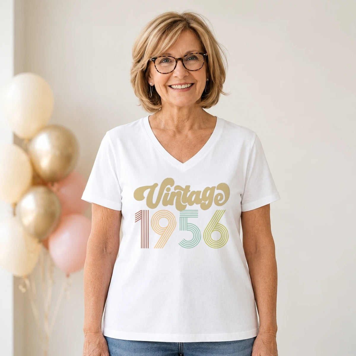 Vintage 1956 - Retro 70th Birthday T-Shirt for Women - White V-Neck