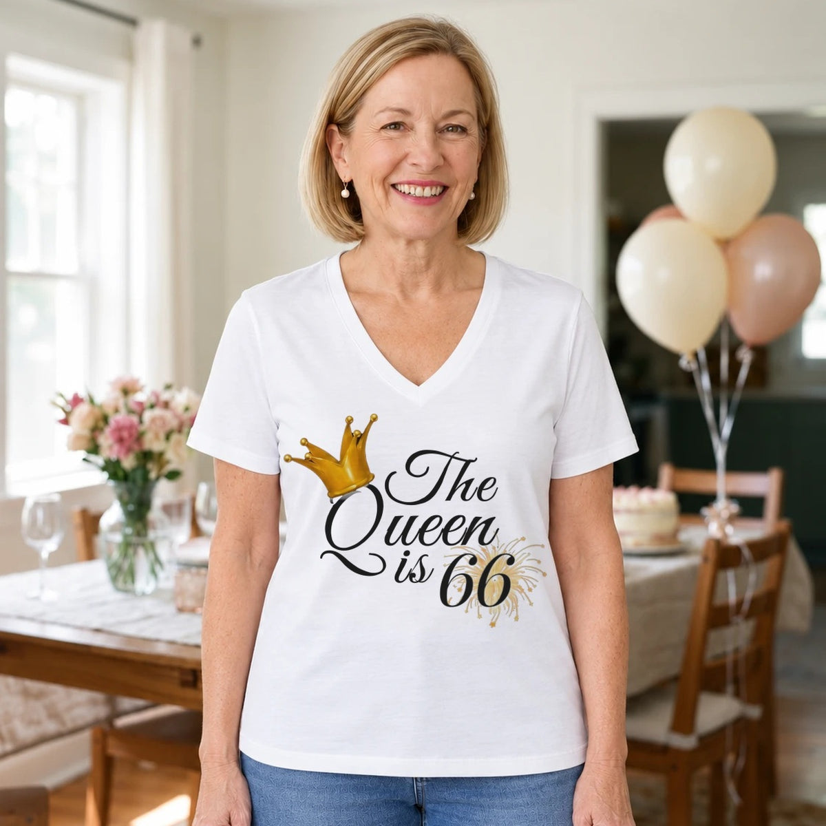 The Queen Is 66 - 66th Birthday Queen T-Shirt for Women - White V-Neck