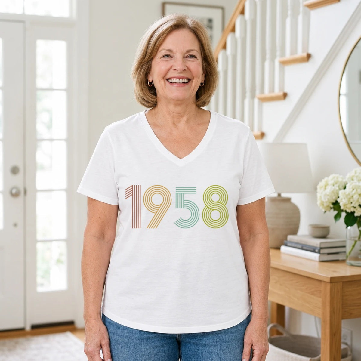 1958 Birth Year Shirt - Retro 68th Birthday T-Shirt for Women - White V-Neck