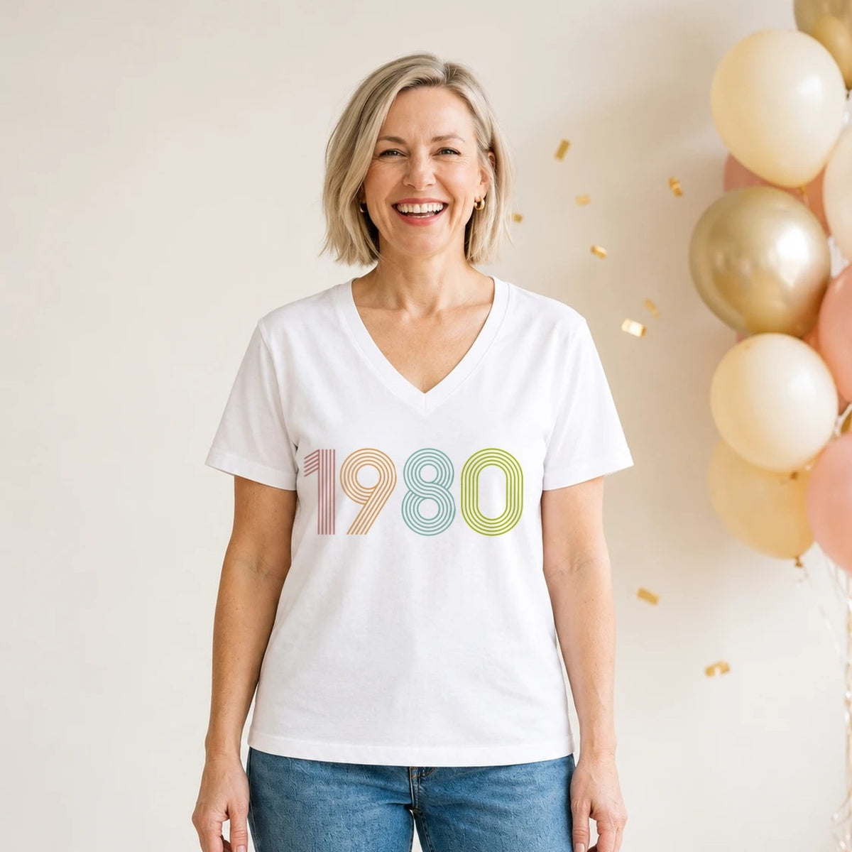1980 Birth Year Shirt - Retro 46th Birthday T-Shirt for Women - White V-Neck