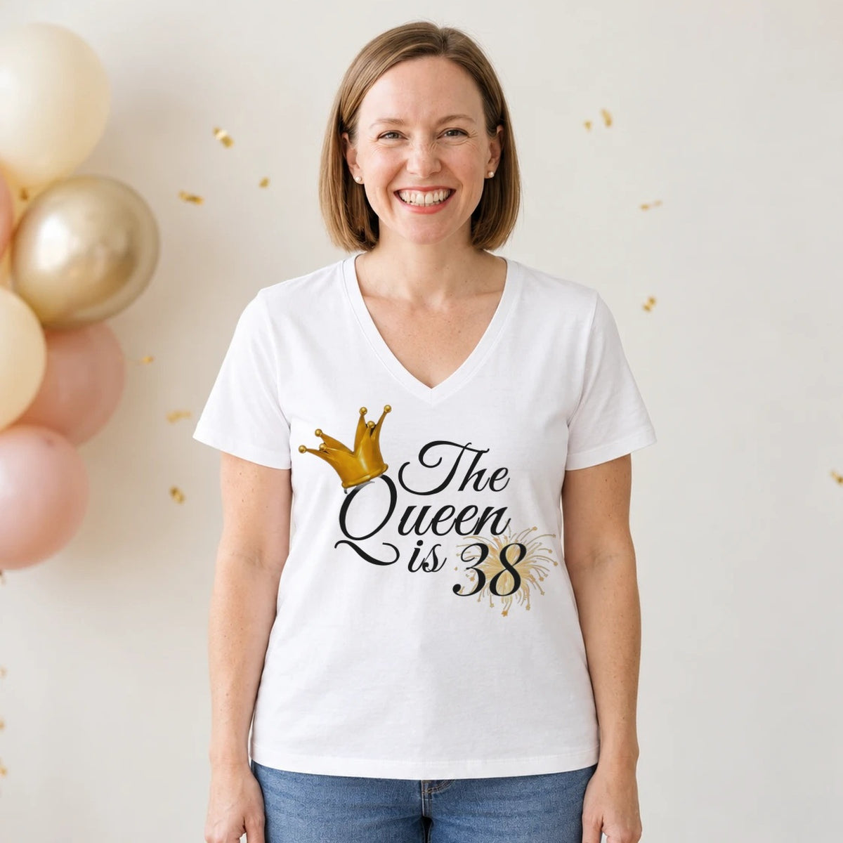 The Queen Is 38 - 38th Birthday Queen T-Shirt for Women - White V-Neck