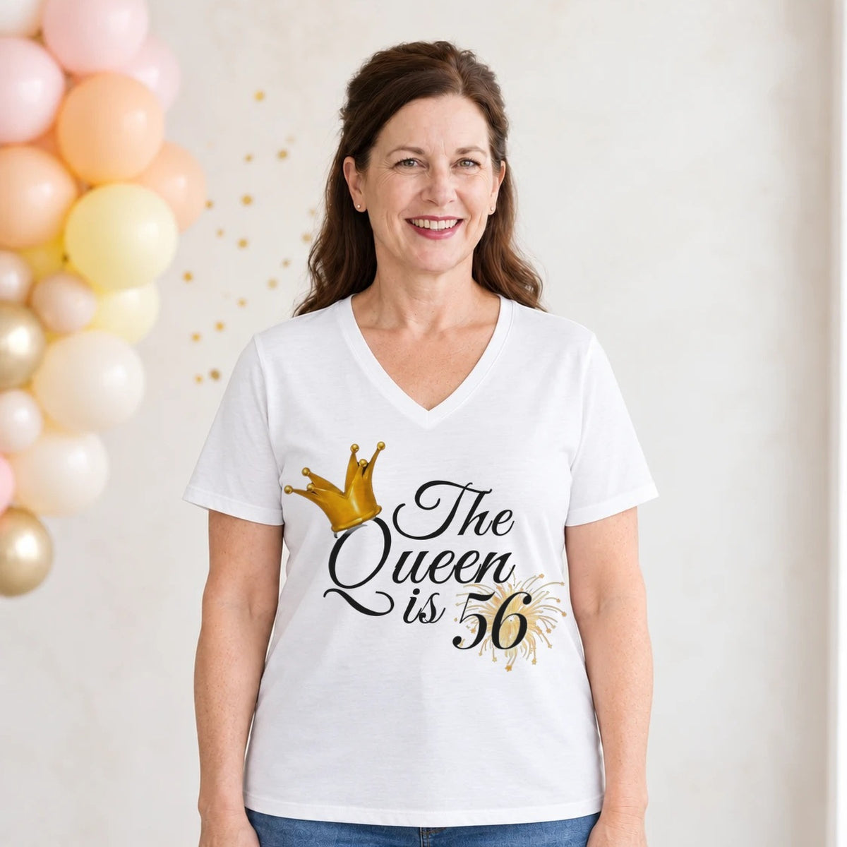 The Queen Is 56 - 56th Birthday Queen T-Shirt for Women - White V-Neck